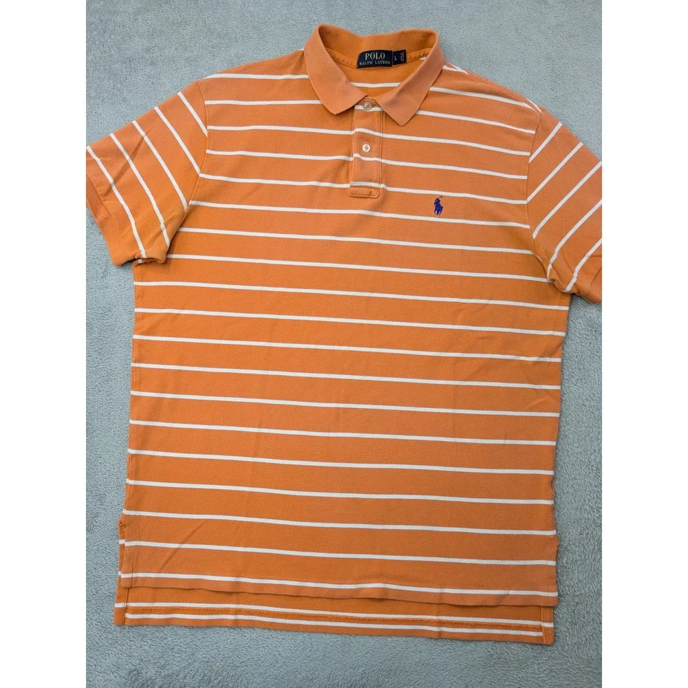 Polo Ralph Lauren Men's Size Large Orange White Stripe Classic Fit Polo Shirt